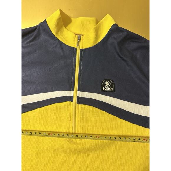 Sugoi Cycling Jersey Men Large Half Zip CoreTech Yellow Blue & White 3 Pockets - Picture 4 of 5